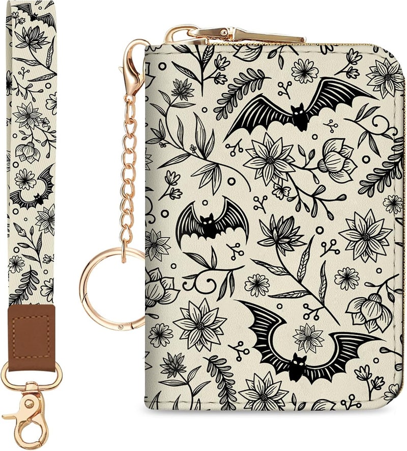 Blusabaca Credit Card Holder for Women, Goth Small RFID Blocking Wallet with Wristlet Strap, Gothic Zipper Keychain Women Wallet, Leather Card Case Wallet Purse with Key Lanyard - Image 1